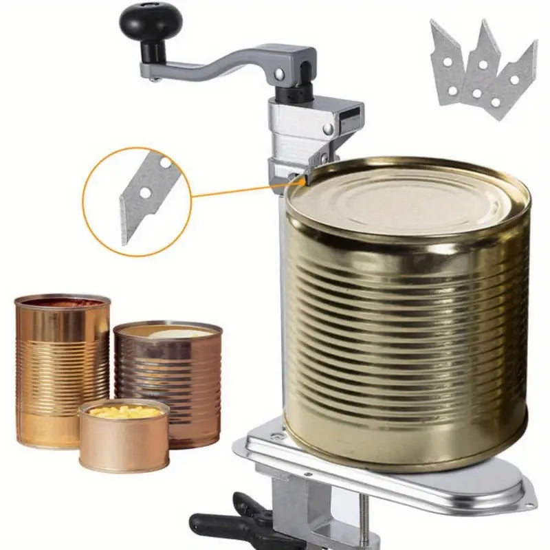 Manual Table Can Opener with 3 Spare Blades, Heavy Duty Commercial Countertop Can Opener, with Stainless Steel Blade and Plated Steel Base, Cast Iron