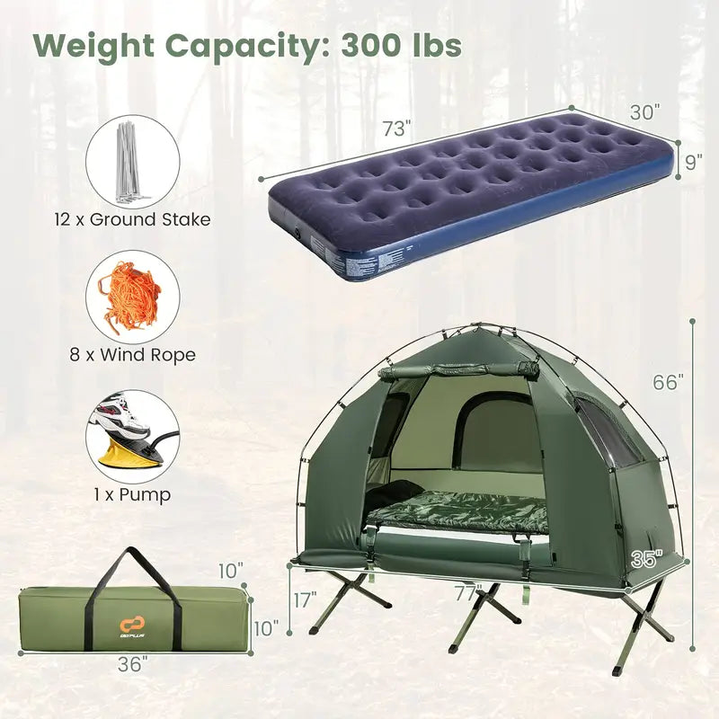 1-Person Camping Tent Cot - Heavy-Duty 5-in-1 Folding Camping Bed with Elevated Tent Shelter, Built-in Air Mattress, Sleeping Bag & Pillow - Portable Outdoor Sleeping Cot, Lightweight (14.88 lbs), Sturdy Frame, Zipper Closure, Carry Bag - for Camping