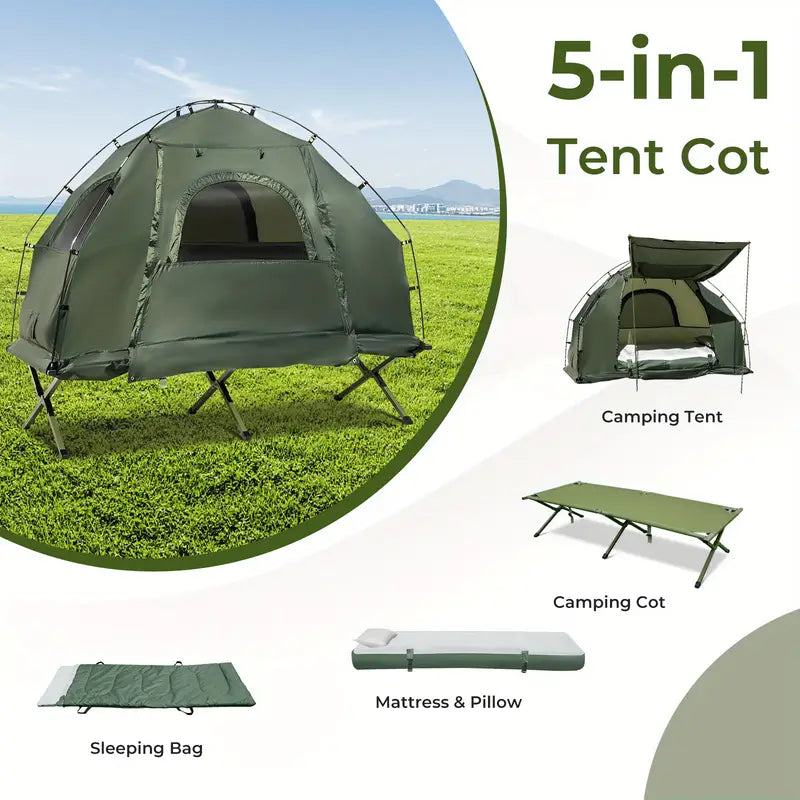 1-Person Camping Tent Cot - Heavy-Duty 5-in-1 Folding Camping Bed with Elevated Tent Shelter, Built-in Air Mattress, Sleeping Bag & Pillow - Portable Outdoor Sleeping Cot, Lightweight (14.88 lbs), Sturdy Frame, Zipper Closure, Carry Bag - for Camping