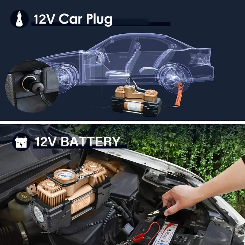 Heavy Duty 12V Twin Cylinder Air Compressor with Precise Gauge and Emergency Light - Portable Tire Inflator for Cars, Bikes, SUVs, and More - Includes Hose, Clamps, Needles, and Carry Bag, Meshuba