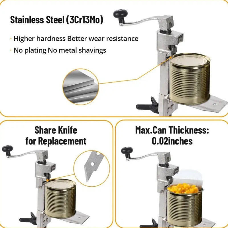 Manual Table Can Opener with 3 Spare Blades, Heavy Duty Commercial Countertop Can Opener, with Stainless Steel Blade and Plated Steel Base, Cast Iron