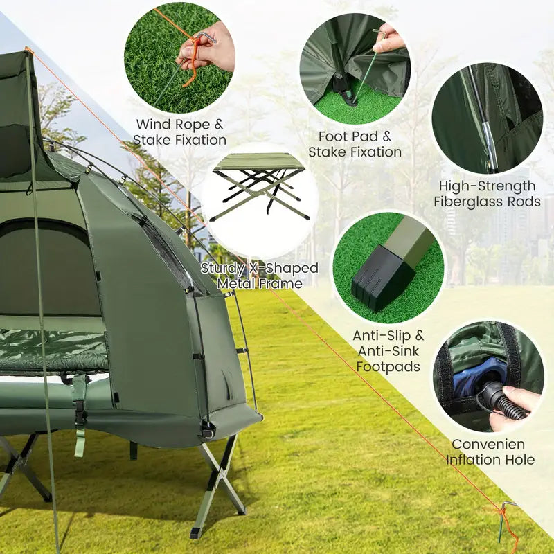 1-Person Camping Tent Cot - Heavy-Duty 5-in-1 Folding Camping Bed with Elevated Tent Shelter, Built-in Air Mattress, Sleeping Bag & Pillow - Portable Outdoor Sleeping Cot, Lightweight (14.88 lbs), Sturdy Frame, Zipper Closure, Carry Bag - for Camping