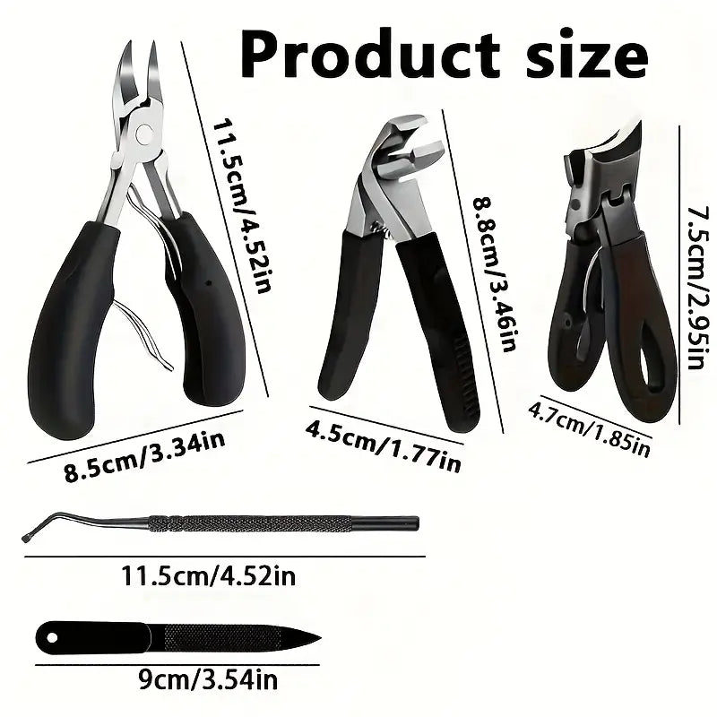 Nail Care Kit for Ingrown & Thick Toenails - Heavy-Duty Clippers Set with Nail File, Cuticle Nippers, and Grooming Tools - Classic Black Handles for Men, Women, Seniors
