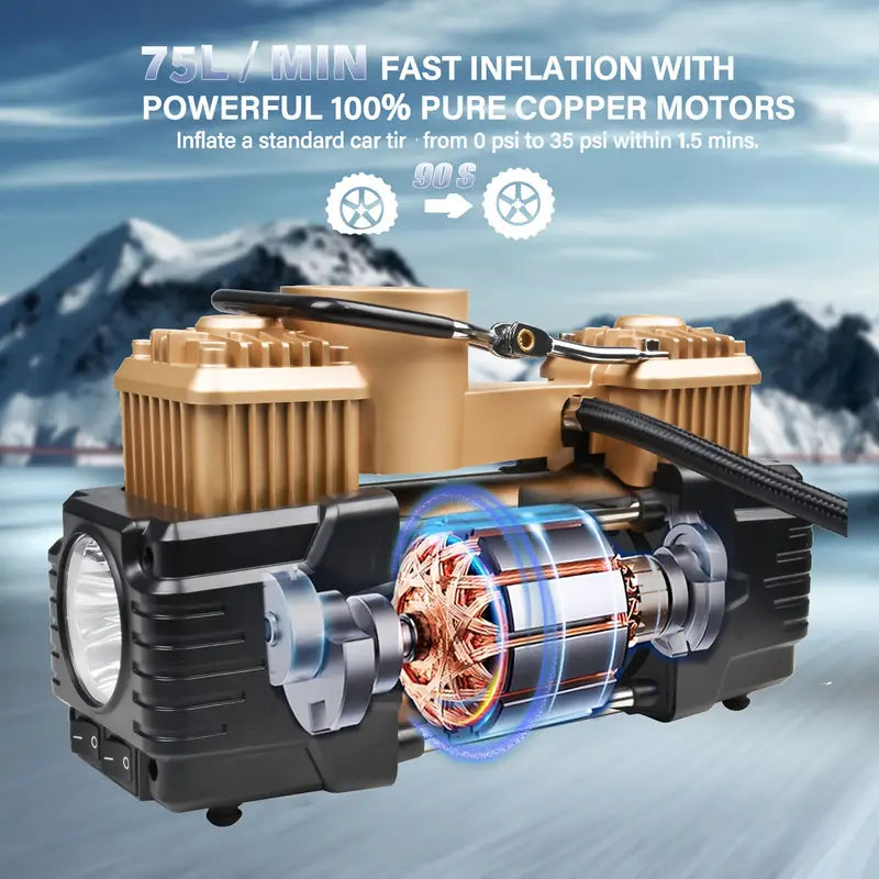 Heavy Duty 12V Twin Cylinder Air Compressor with Precise Gauge and Emergency Light - Portable Tire Inflator for Cars, Bikes, SUVs, and More - Includes Hose, Clamps, Needles, and Carry Bag, Meshuba