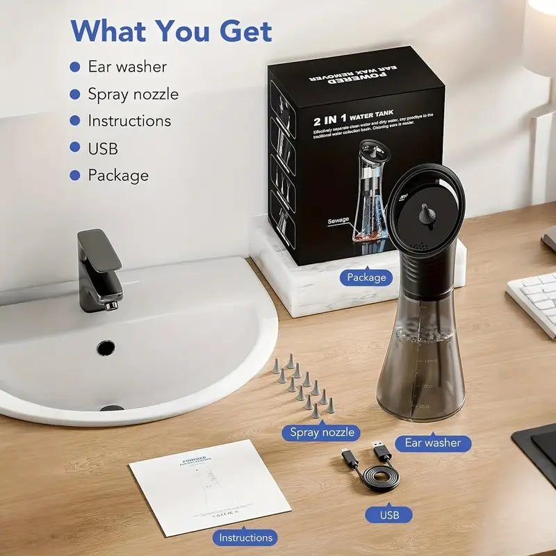 3-Speed Electric Ear Wax Removal System Pro | Hydraulic Ear Cleaner Kit with Water Temp Sensor & Visual Waste Tank - Rechargeable USB, Dry/Dirty Storage, Nozzle Belt, Medical-Grade Home Care