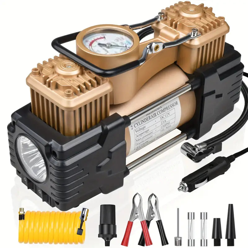 Heavy Duty 12V Twin Cylinder Air Compressor with Precise Gauge and Emergency Light - Portable Tire Inflator for Cars, Bikes, SUVs, and More - Includes Hose, Clamps, Needles, and Carry Bag, Meshuba