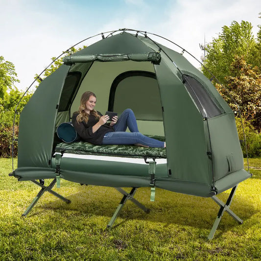 1-Person Camping Tent Cot - Heavy-Duty 5-in-1 Folding Camping Bed with Elevated Tent Shelter, Built-in Air Mattress, Sleeping Bag & Pillow - Portable Outdoor Sleeping Cot, Lightweight (14.88 lbs), Sturdy Frame, Zipper Closure, Carry Bag - for Camping