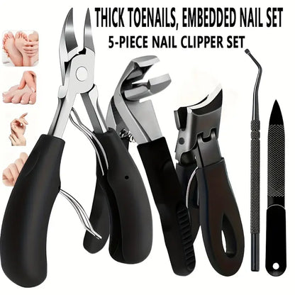 Nail Care Kit for Ingrown & Thick Toenails - Heavy-Duty Clippers Set with Nail File, Cuticle Nippers, and Grooming Tools - Classic Black Handles for Men, Women, Seniors