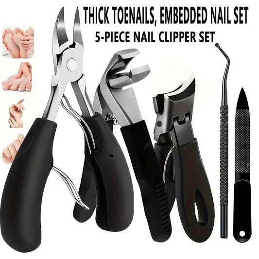 Nail Care Kit for Ingrown & Thick Toenails - Heavy-Duty Clippers Set with Nail File, Cuticle Nippers, and Grooming Tools - Classic Black Handles for Men, Women, Seniors