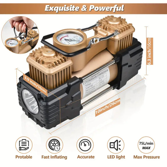 Heavy Duty 12V Twin Cylinder Air Compressor with Precise Gauge and Emergency Light - Portable Tire Inflator for Cars, Bikes, SUVs, and More - Includes Hose, Clamps, Needles, and Carry Bag, Meshuba