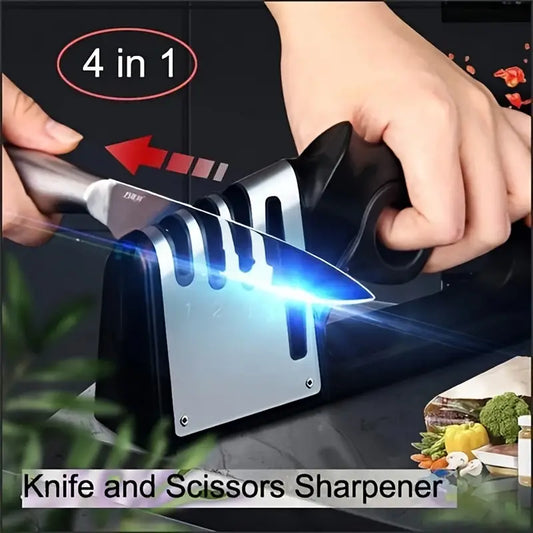 4-in-1 Professional Knife and Scissors Sharpener | Quick, Easy, and Efficient Tungsten Carbide Sharpening System, Non-Slip Base, Uncharged Operation, Kitchen Tool for Various Blades
