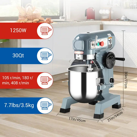 Commercial Food Mixer 30Qt With Timing Function, 3 Speeds Adjustable, Stainless Steel Bowl Stand Mixer With Safety Guard, Premium For Schools Bakeries Restaurants Pizzerias