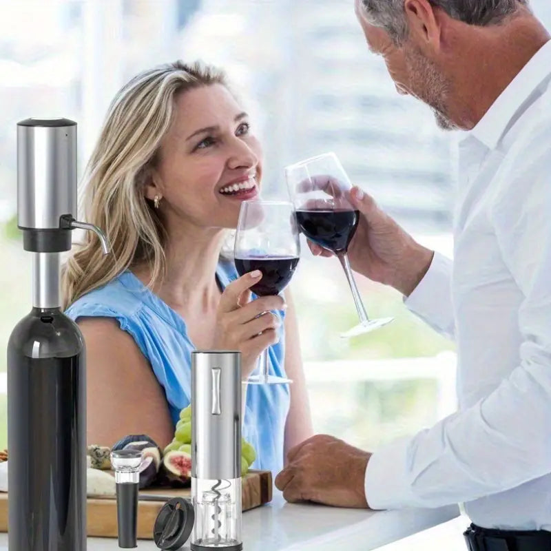 All-in-1 Electric Wine Opener Set - Automatic Rechargeable Corkscrew for Wine Bottles with Foil Cutter, Wine Aerator & Vacuum Stopper