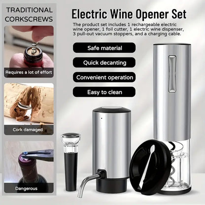 All-in-1 Electric Wine Opener Set - Automatic Rechargeable Corkscrew for Wine Bottles with Foil Cutter, Wine Aerator & Vacuum Stopper