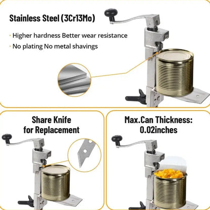 Manual Table Can Opener with 3 Spare Blades, Heavy Duty Commercial Countertop Can Opener, with Stainless Steel Blade and Plated Steel Base, Cast Iron