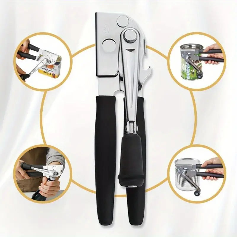 Can Opener with Lever | Stainless Steel Construction, Non-Slip Grip - Commercial & Home Kitchen Use - Easy Can Opening Tool for Restaurants, Households - Durable Can Opener for Heavy-Duty Cans & Bottles