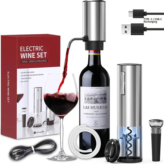 All-in-1 Electric Wine Opener Set - Automatic Rechargeable Corkscrew for Wine Bottles with Foil Cutter, Wine Aerator & Vacuum Stopper